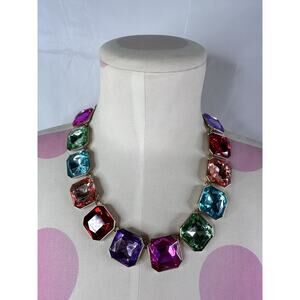 Gold Tone Multicolor & Faceted Large Rhinestone Necklace Adjustable Costume